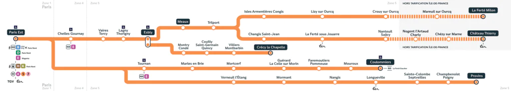 RER map: Take the train from Paris to Provins.